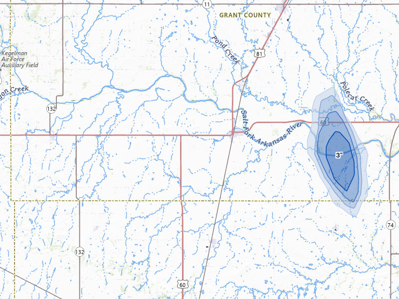 NEXRAD radar-signature map of the hail storm over Pond Creek, OK on Jul 11, 2026