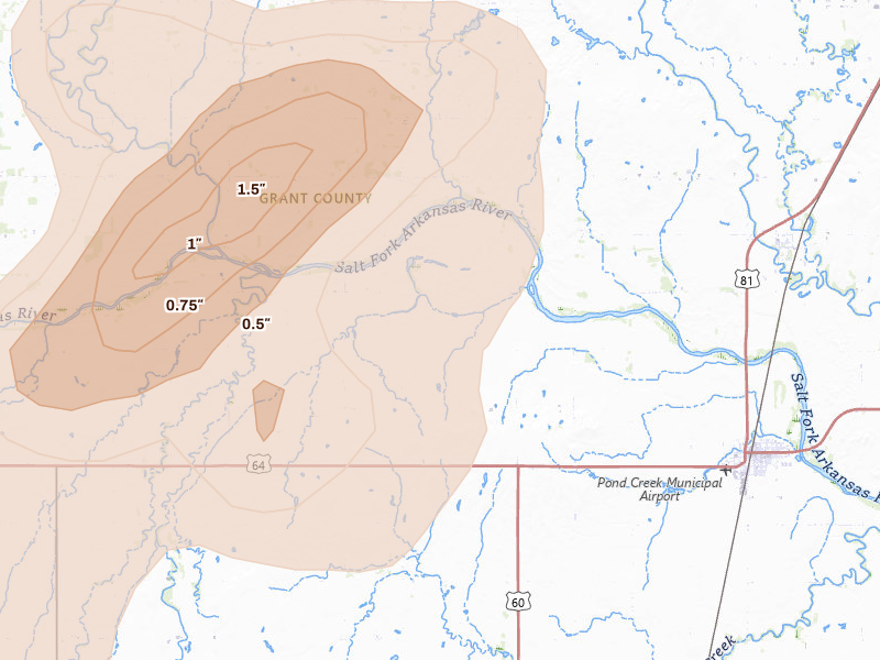 Radar-estimated hail-size map of the storm over Pond Creek, OK on Aug 6, 2026