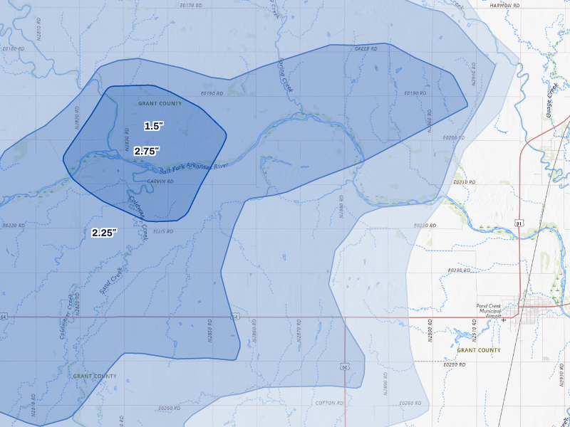 NEXRAD radar-signature map of the hail storm over Pond Creek, OK on Aug 6, 2026