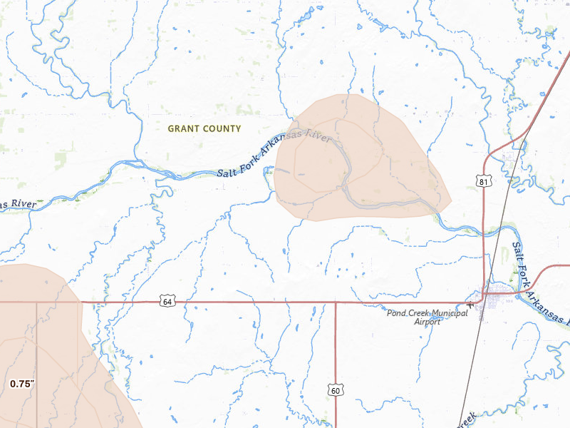 Radar-estimated hail-size map of the storm over Pond Creek, OK on Aug 7, 2026