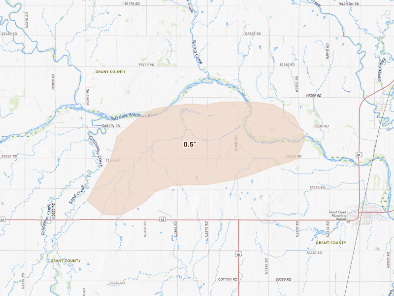 Radar-estimated hail-size map of the storm over Pond Creek, OK on Sep 12, 2026