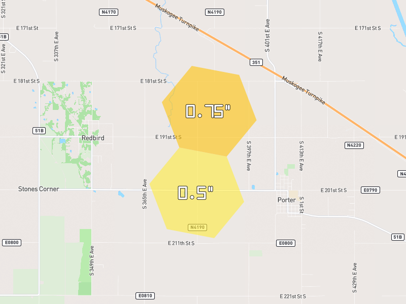 Hail map of Porter, OK on Jun 3, 2026, hail up to 0.75"