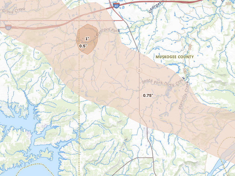 Radar-estimated hail-size map of the storm over Porum, OK on May 8, 2026