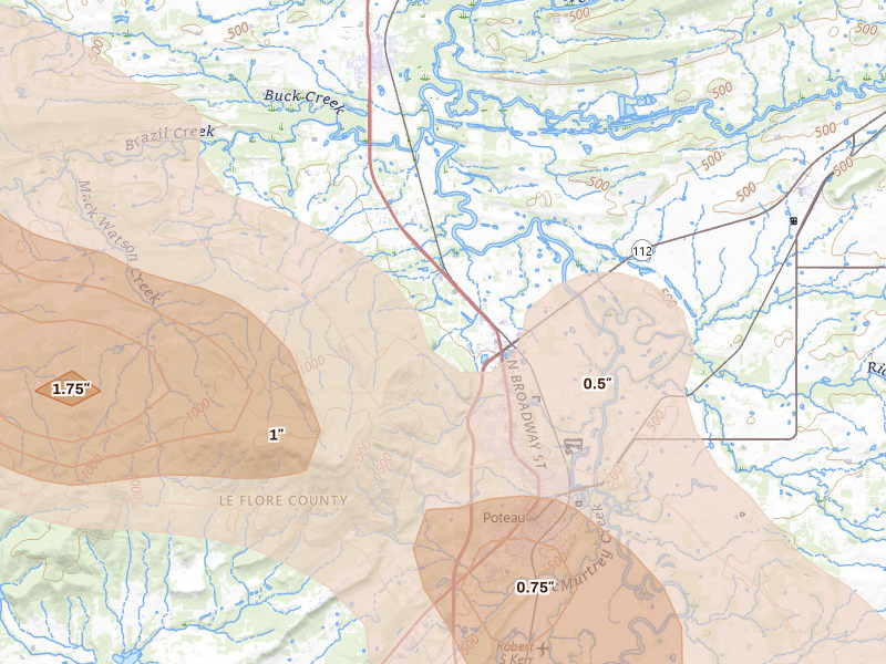 Radar-estimated hail-size map of the storm over Poteau, OK on Apr 24, 2026