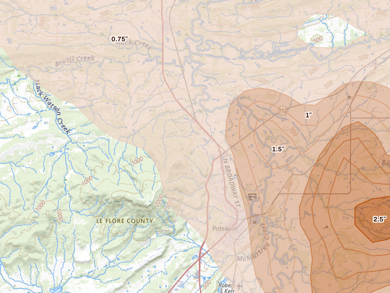 Radar-estimated hail-size map of the storm over Poteau, OK on Apr 25, 2026