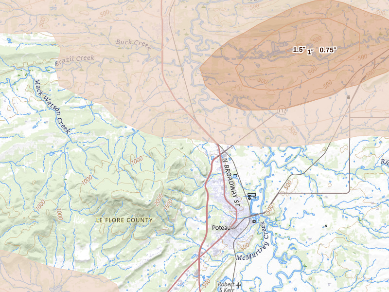 Radar-estimated hail-size map of the storm over Poteau, OK on Apr 28, 2026