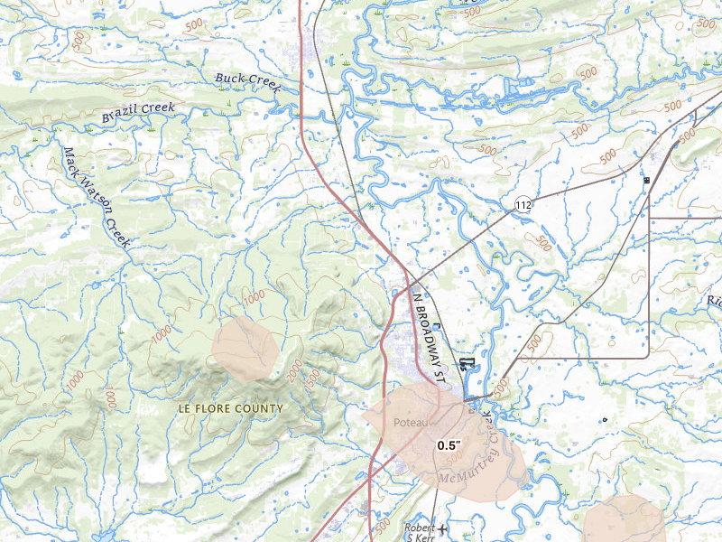 Radar-estimated hail-size map of the storm over Poteau, OK on May 8, 2026