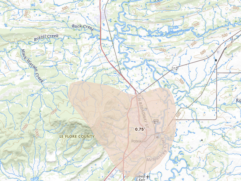 Radar-estimated hail-size map of the storm over Poteau, OK on Jun 2, 2026