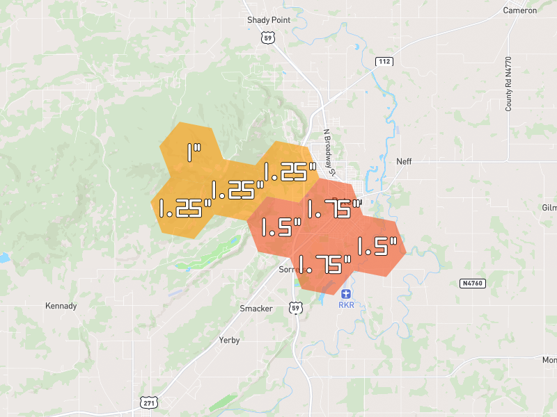 Hail map of Poteau, OK on Jun 2, 2026, hail up to 1.75"
