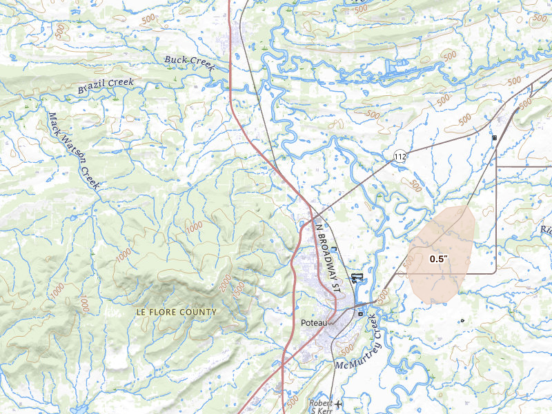 Radar-estimated hail-size map of the storm over Poteau, OK on Jul 4, 2026