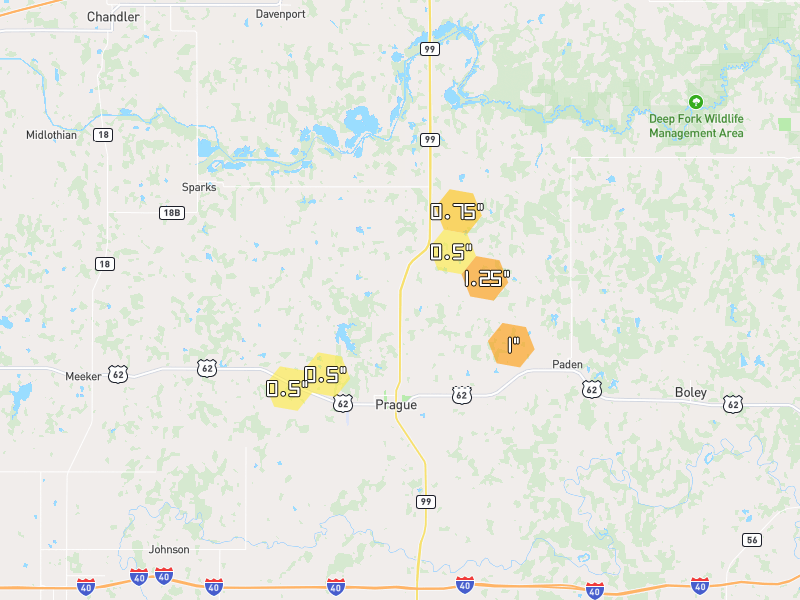 Hail map of Prague, OK on Jul 5, 2026, hail up to 1.25"
