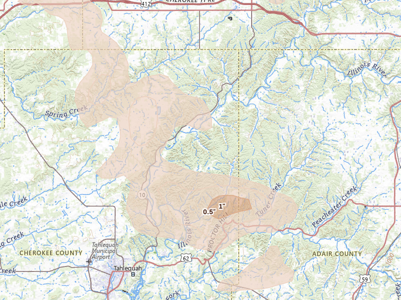Radar-estimated hail-size map of the storm over Proctor, OK on Apr 25, 2026