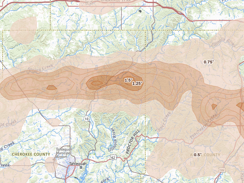 Radar-estimated hail-size map of the storm over Proctor, OK on Apr 28, 2026