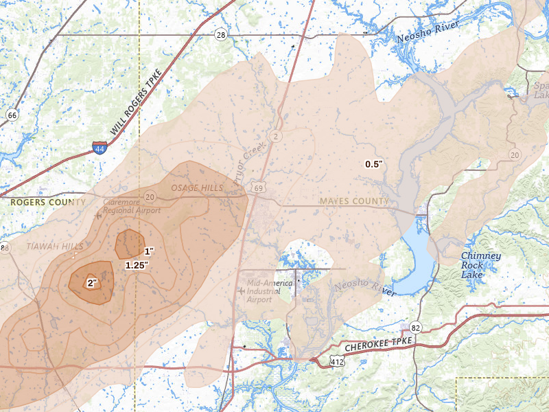 Radar-estimated hail-size map of the storm over Pryor, OK on Mar 6, 2026