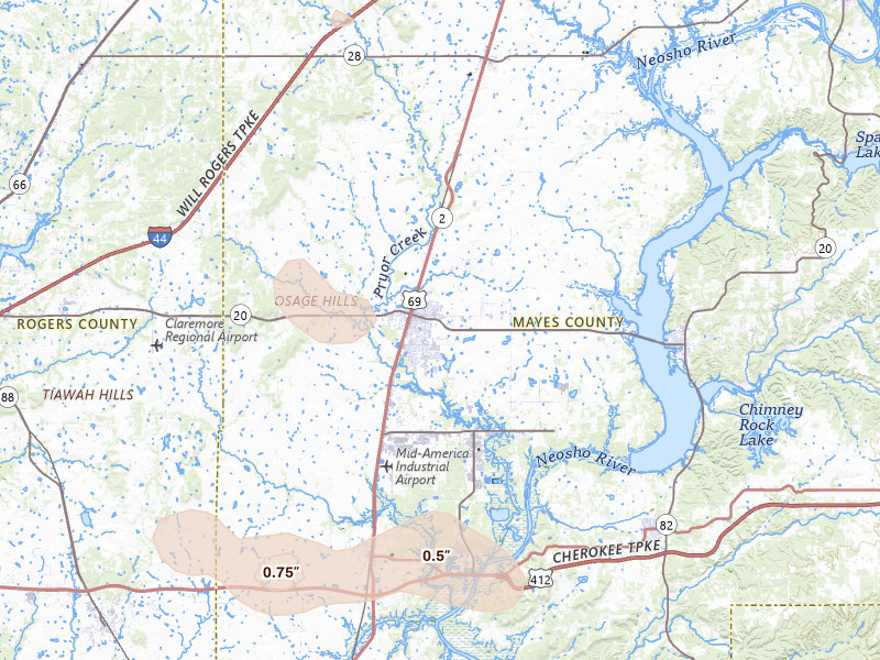 Radar-estimated hail-size map of the storm over Pryor, OK on Jun 1, 2026