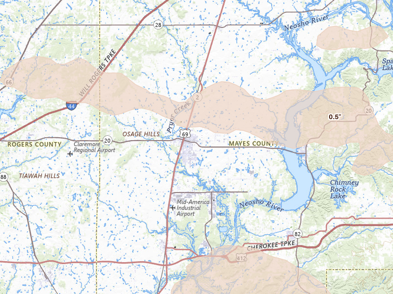 Radar-estimated hail-size map of the storm over Pryor, OK on Jun 11, 2026