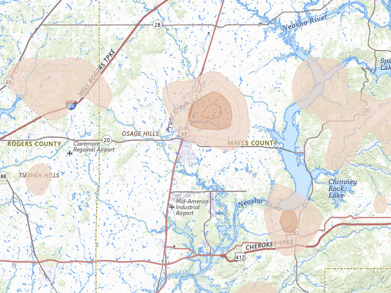 Radar-estimated hail-size map of the storm over Pryor, OK on Jul 11, 2026