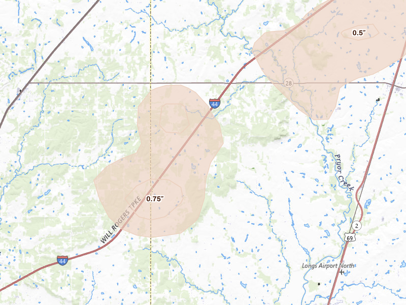 Radar-estimated hail-size map of the storm over Pryor, OK on Aug 6, 2026