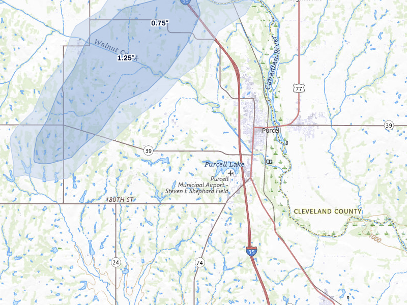 NEXRAD radar-signature map of the hail storm over Purcell, OK on Apr 28, 2026