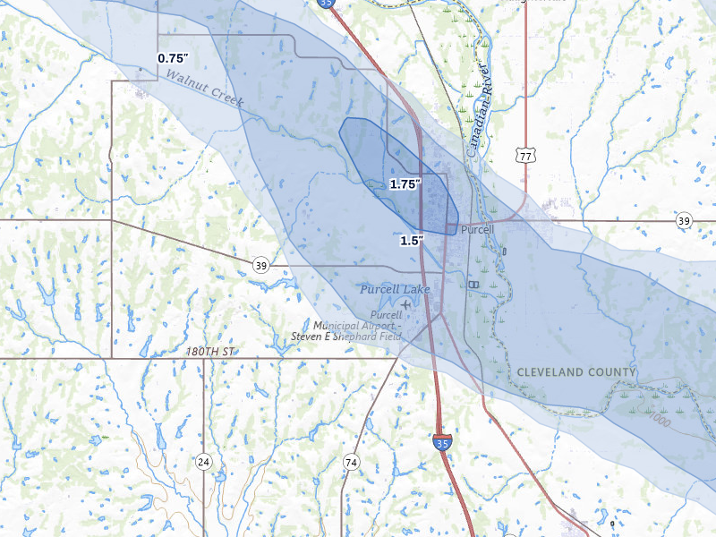NEXRAD radar-signature map of the hail storm over Purcell, OK on May 8, 2026