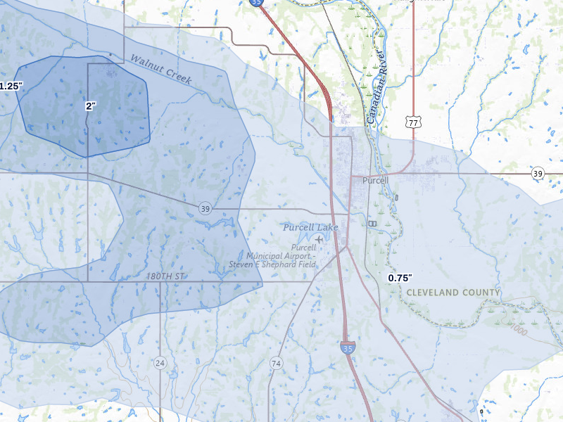 NEXRAD radar-signature map of the hail over Purcell, OK