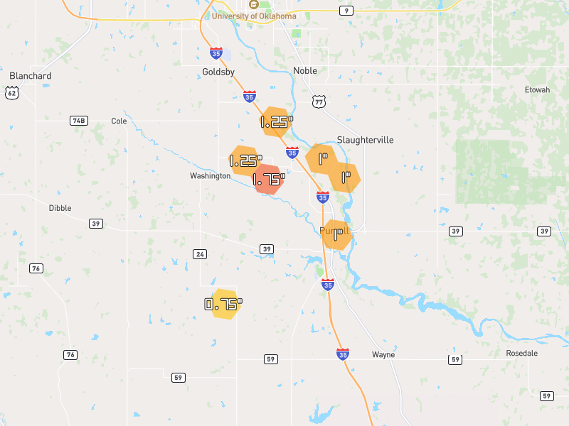 Hail map of Purcell, OK on Jul 5, 2026, hail up to 1.75"