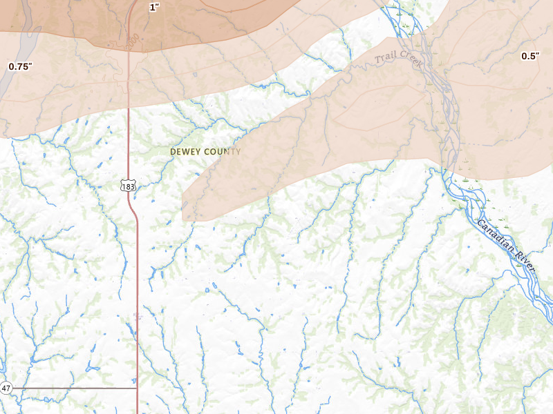 Radar-estimated hail-size map of the storm over Putnam, OK on Apr 17, 2026