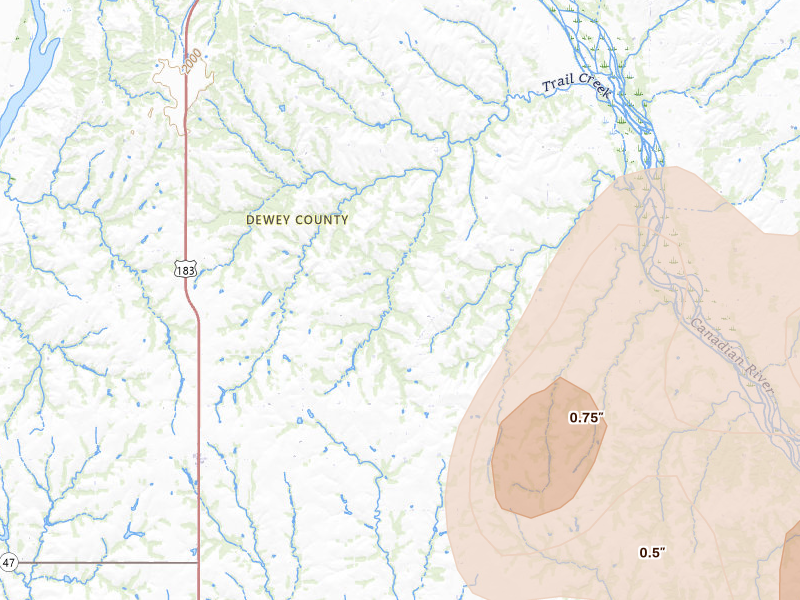Radar-estimated hail-size map of the storm over Putnam, OK on Jun 1, 2026