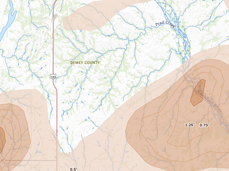 Radar-estimated hail-size map of the storm over Putnam, OK on Jun 26, 2026