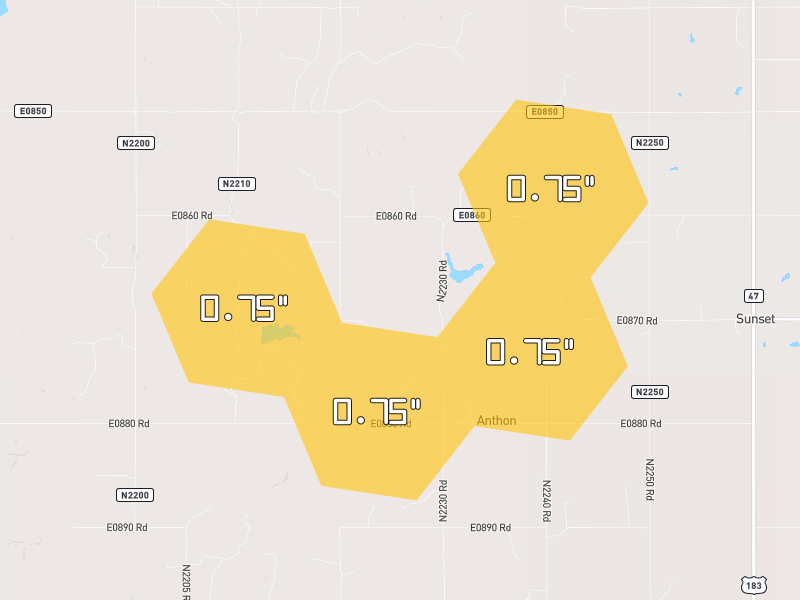 Hail map of Putnam, OK on Jun 26, 2026, hail up to 0.75"