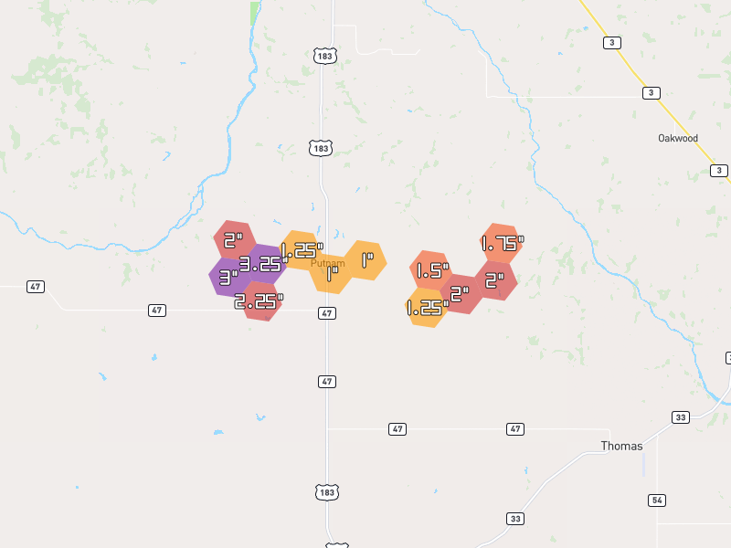 Hail map of Putnam, OK on Jun 27, 2026, hail up to 3.25"