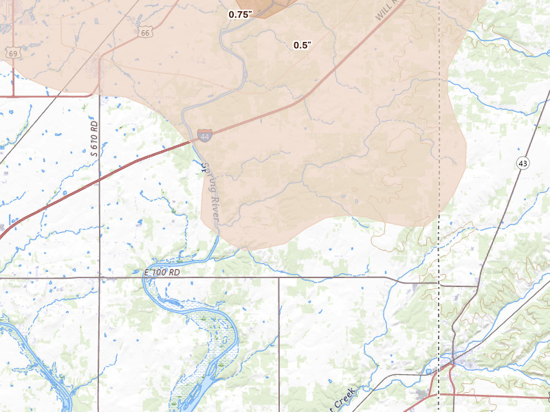 Radar-estimated hail-size map of the storm over Quapaw, OK on Jun 7, 2026