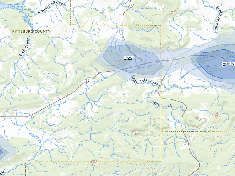 NEXRAD radar-signature map of the hail storm over Quinton, OK on Apr 28, 2026