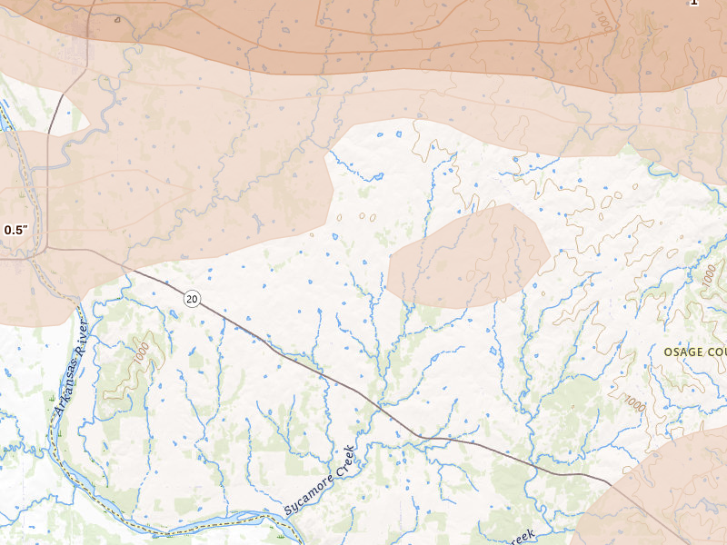 Radar-estimated hail-size map of the storm over Ralston, OK on May 8, 2026