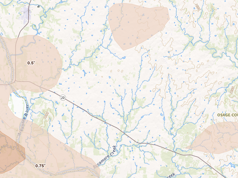 Radar-estimated hail-size map of the storm over Ralston, OK on Jun 13, 2026