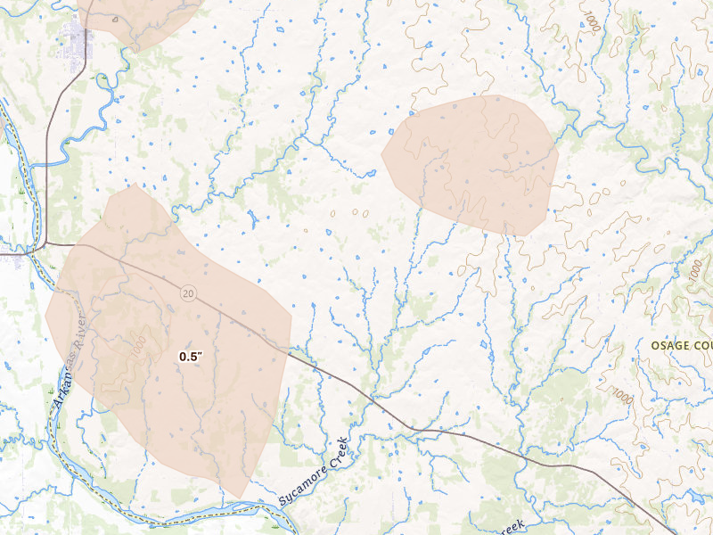 Radar-estimated hail-size map of the storm over Ralston, OK on Jul 4, 2026