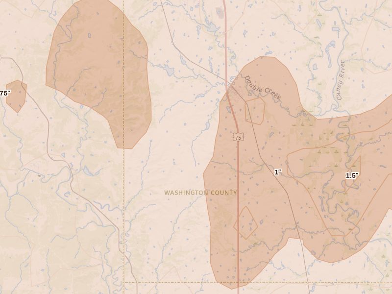 Radar-estimated hail-size map of the storm over Ramona, OK on Apr 23, 2026