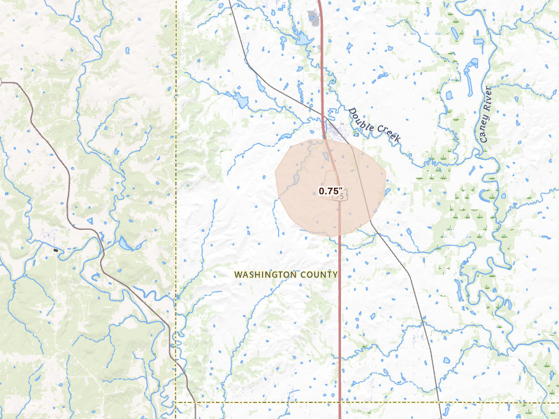 Radar-estimated hail-size map of the storm over Ramona, OK on Jun 1, 2026