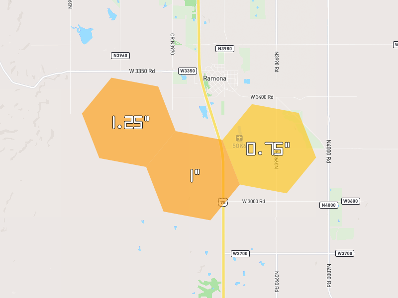 Hail map of Ramona, OK on Jun 2, 2026, hail up to 1.25"