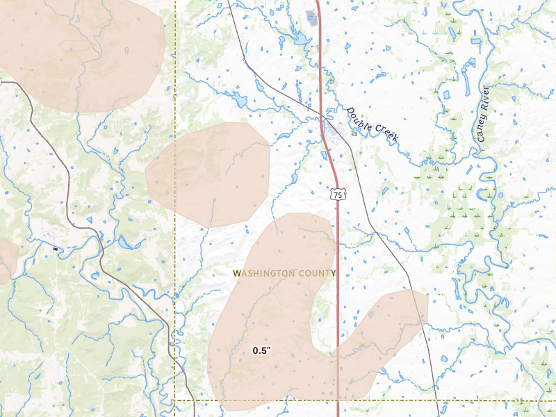 Radar-estimated hail-size map of the storm over Ramona, OK on Jul 4, 2026