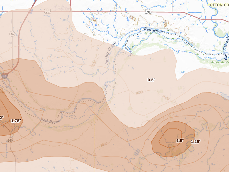 Radar-estimated hail-size map of the storm over Randlett, OK on Apr 26, 2026