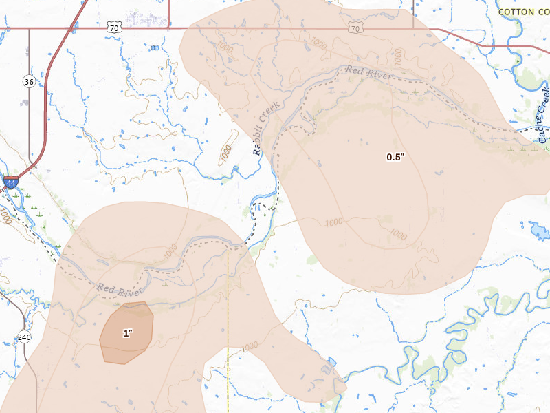 Radar-estimated hail-size map of the storm over Randlett, OK on Jun 18, 2026