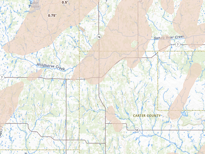 Radar-estimated hail-size map of the storm over Ratliff City, OK on Mar 6, 2026