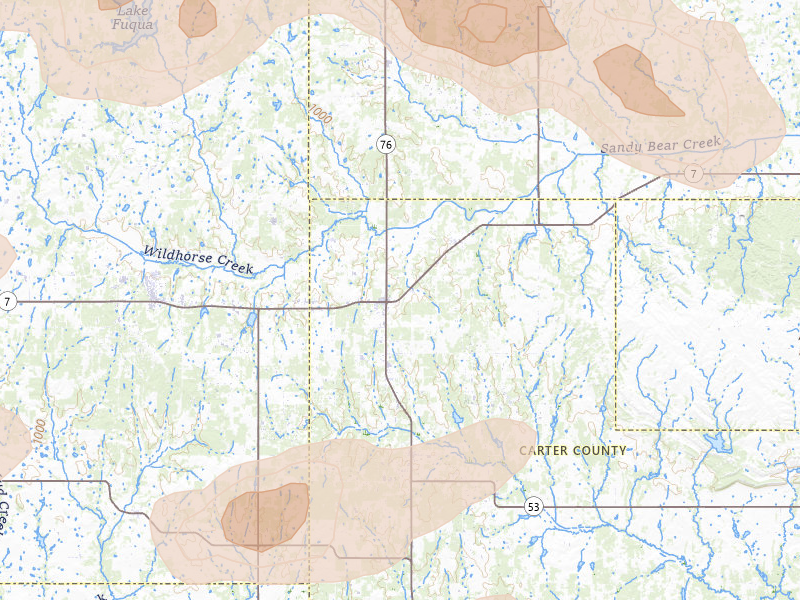Radar-estimated hail-size map of the storm over Ratliff City, OK on Apr 25, 2026