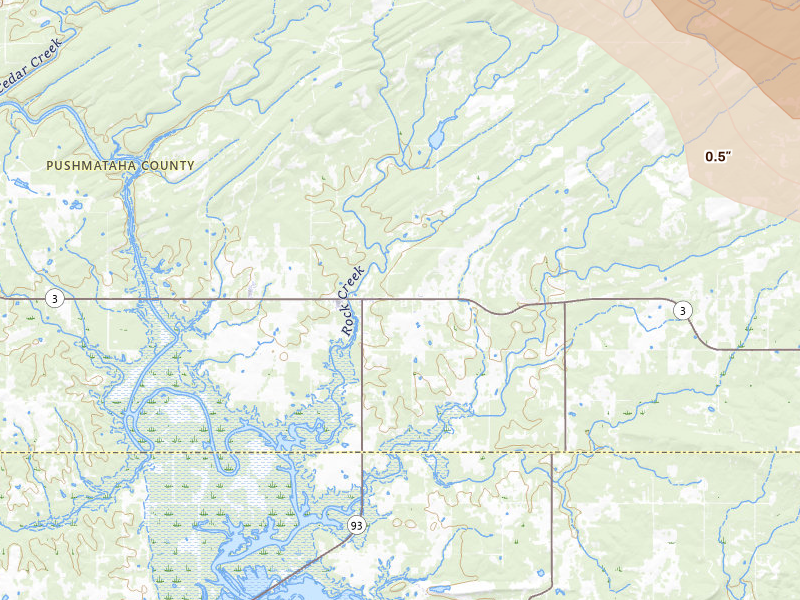 Radar-estimated hail-size map of the storm over Rattan, OK on Apr 24, 2026