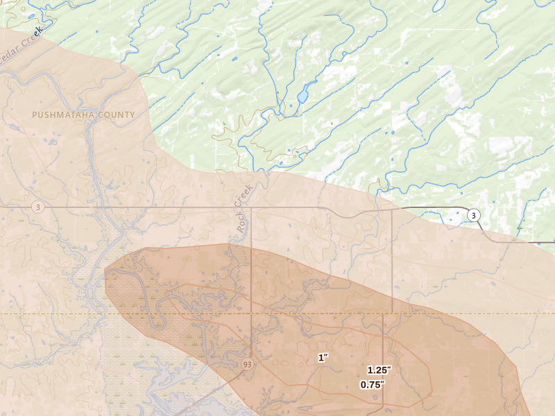 Radar-estimated hail-size map of the storm over Rattan, OK on Apr 28, 2026