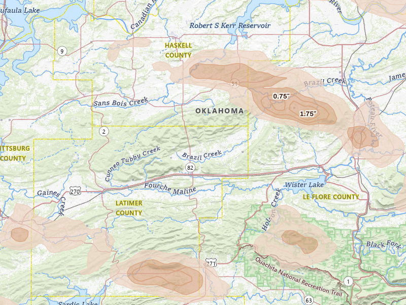Radar-estimated hail-size map of the storm over Red Oak, OK on Apr 24, 2026