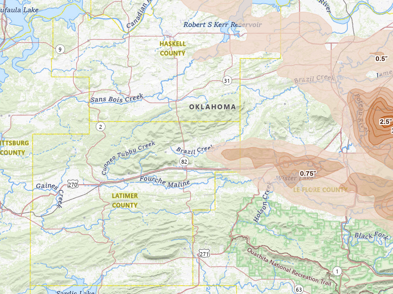 Radar-estimated hail-size map of the storm over Red Oak, OK on Apr 25, 2026