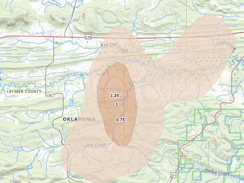 Radar-estimated hail-size map of the storm over Red Oak, OK on Aug 26, 2026