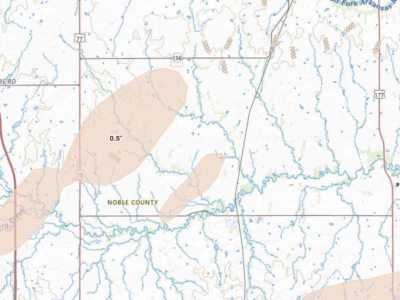 Radar-estimated hail-size map of the storm over Red Rock, OK on Apr 1, 2026